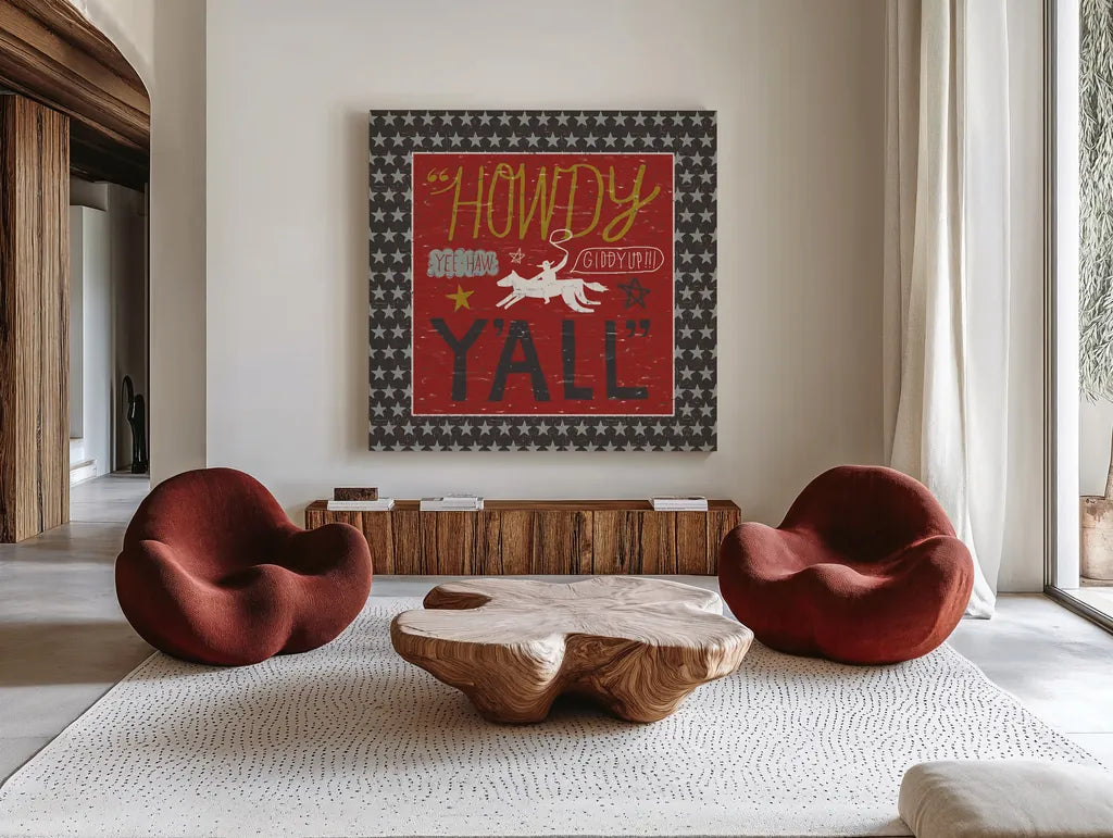 Southern Pride Howdy Yall by Michael Mullan. Shown as extra-large giant wall art in a modern living room. Available as an archival giclee rolled canvas, fine art paper, or poster print. SKU 14013a.