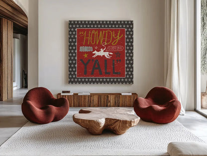 Southern Pride Howdy Yall by Michael Mullan. Shown as extra-large giant wall art in a modern living room. Available as an archival giclee rolled canvas, fine art paper, or poster print. SKU 14013a.