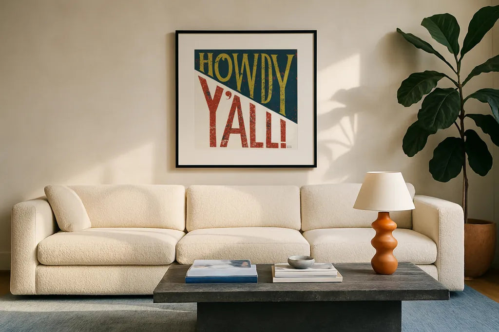 Southern Pride Sayings Howdy Yall by Michael Mullan. Displayed in a glass frame with matte in a clean modern living room. Available as an archival giclee rolled canvas, fine art paper, or poster print. SKU 51167a.
