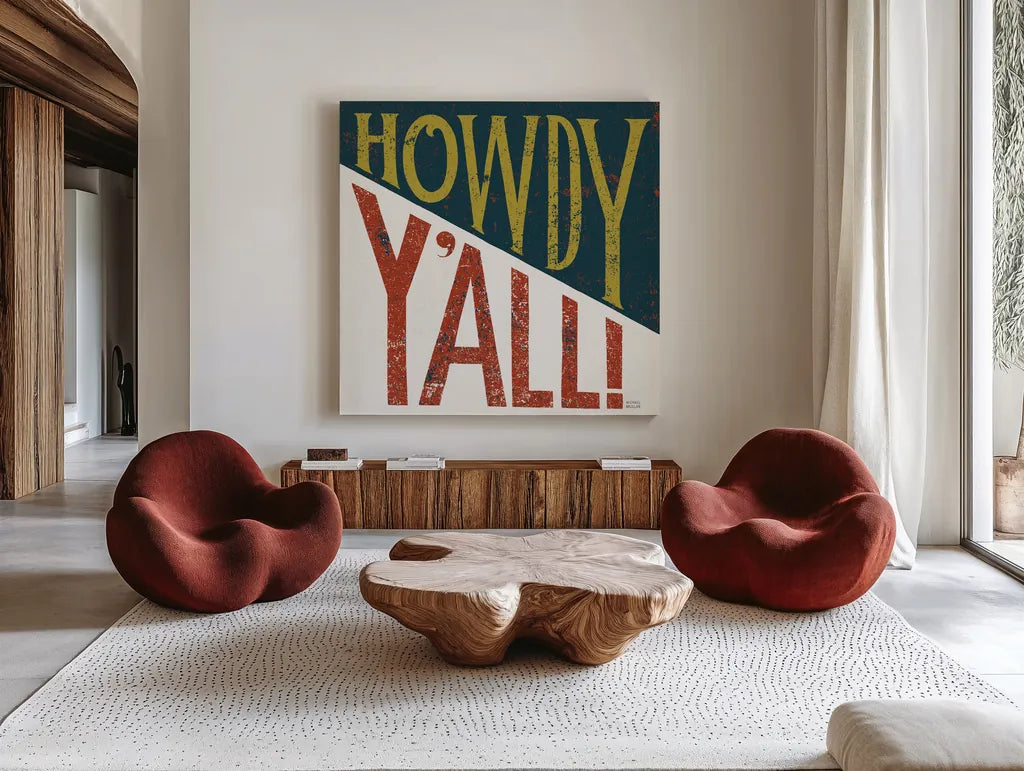 Southern Pride Sayings Howdy Yall by Michael Mullan. Shown as extra-large giant wall art in a modern living room. Available as an archival giclee rolled canvas, fine art paper, or poster print. SKU 51167a.