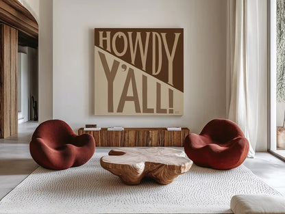 Southern Pride Sayings Howdy Yall Tan by Michael Mullan. Shown as extra-large giant wall art in a modern living room. Available as an archival giclee rolled canvas, fine art paper, or poster print. SKU 88699a.
