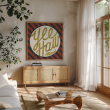 Southern Pride Sayings Yee Haw by Michael Mullan. Shown in a natural wood frame in a cozy modern living room. Available as an archival giclee rolled canvas, fine art paper, or poster print. SKU 51166a.