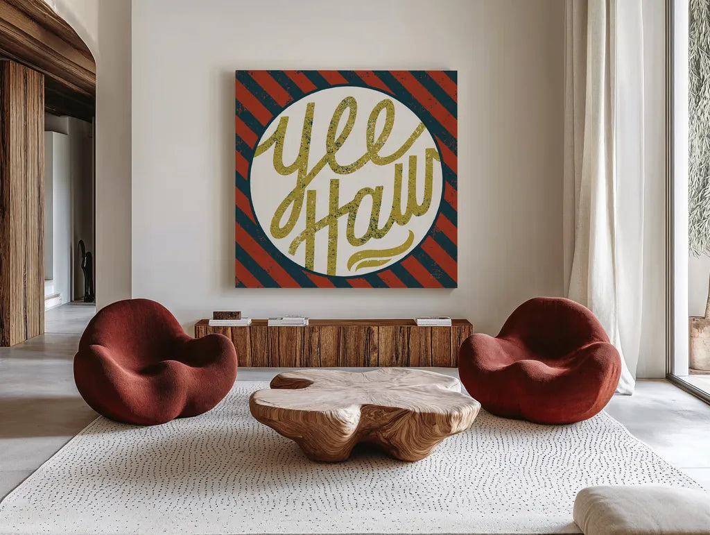 Southern Pride Sayings Yee Haw by Michael Mullan. Shown as extra-large giant wall art in a modern living room. Available as an archival giclee rolled canvas, fine art paper, or poster print. SKU 51166a.