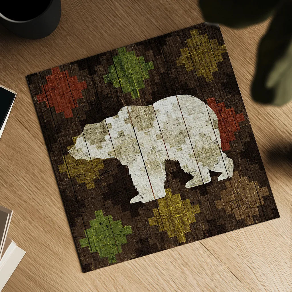 Southwest Lodge Bear by Michael Mullan. Shown as a detailed flat fine art print, highlighting archival giclee quality. Available as an archival giclee rolled canvas, fine art paper, or poster print. SKU 17022a.