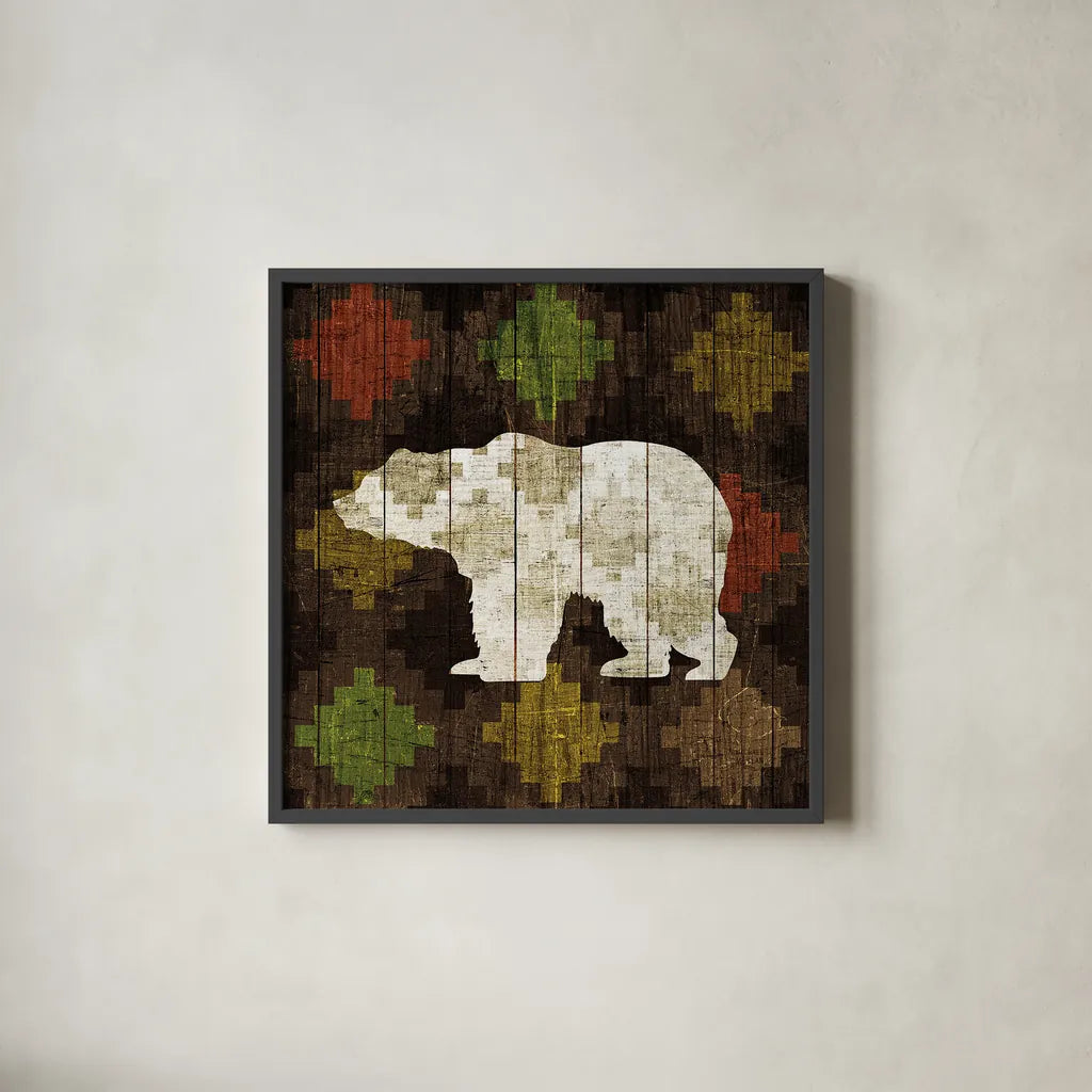 Southwest Lodge Bear by Michael Mullan. Shown in a sleek black glass frame for a contemporary gallery look. Available as an archival giclee rolled canvas, fine art paper, or poster print. SKU 17022a.