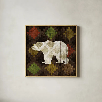 Southwest Lodge Bear by Michael Mullan. Shown in a natural wood glass frame for a timeless modern aesthetic. Available as an archival giclee rolled canvas, fine art paper, or poster print. SKU 17022a.