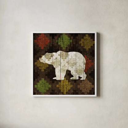 Southwest Lodge Bear by Michael Mullan. Shown in a crisp white glass frame for a clean and minimalist style. Available as an archival giclee rolled canvas, fine art paper, or poster print. SKU 17022a.