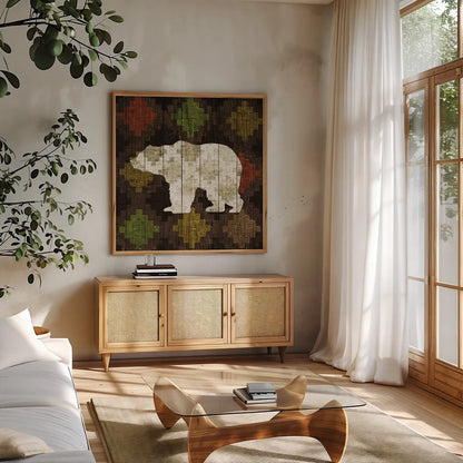 Southwest Lodge Bear by Michael Mullan. Shown in a natural wood frame in a cozy modern living room. Available as an archival giclee rolled canvas, fine art paper, or poster print. SKU 17022a.