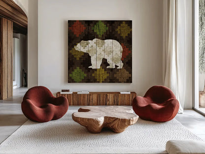 Southwest Lodge Bear by Michael Mullan. Shown as extra-large giant wall art in a modern living room. Available as an archival giclee rolled canvas, fine art paper, or poster print. SKU 17022a.