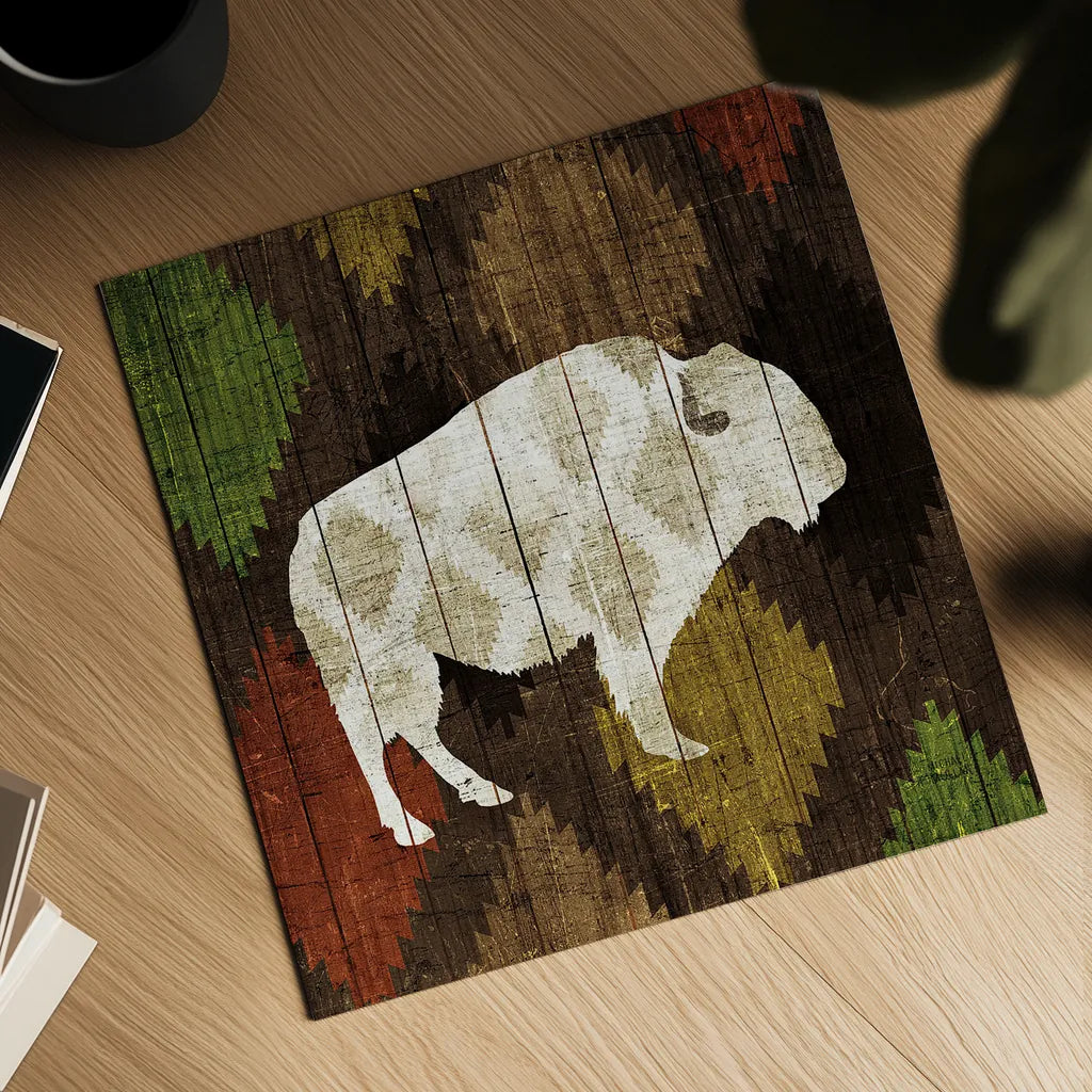 Southwest Lodge Buffalo by Michael Mullan. Shown as a detailed flat fine art print, highlighting archival giclee quality. Available as an archival giclee rolled canvas, fine art paper, or poster print. SKU 17021a.