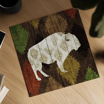 Southwest Lodge Buffalo by Michael Mullan. Shown as a detailed flat fine art print, highlighting archival giclee quality. Available as an archival giclee rolled canvas, fine art paper, or poster print. SKU 17021a.