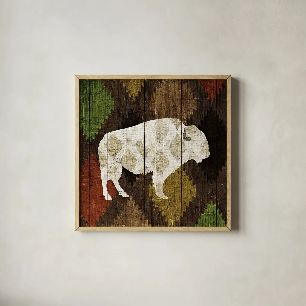 Southwest Lodge Buffalo by Michael Mullan. Shown in a natural wood glass frame for a timeless modern aesthetic. Available as an archival giclee rolled canvas, fine art paper, or poster print. SKU 17021a.