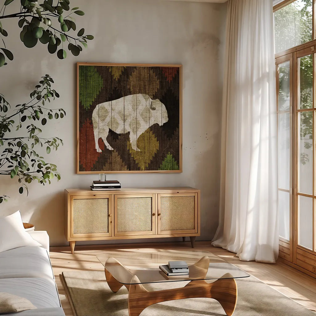 Southwest Lodge Buffalo by Michael Mullan. Shown in a natural wood frame in a cozy modern living room. Available as an archival giclee rolled canvas, fine art paper, or poster print. SKU 17021a.