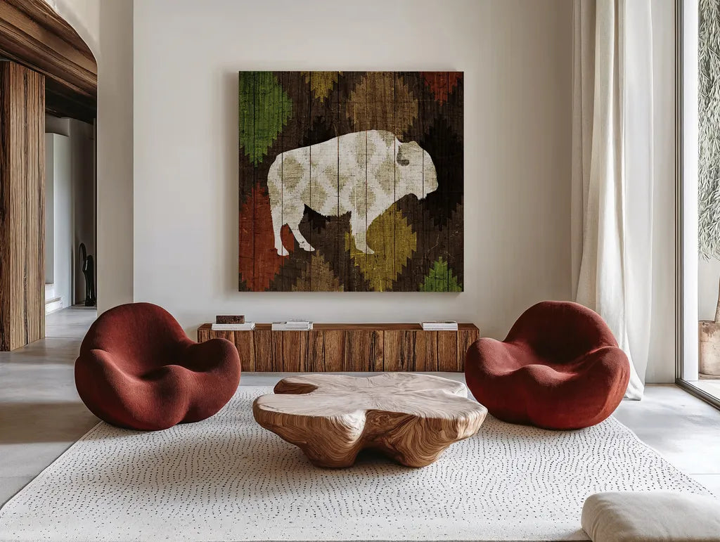 Southwest Lodge Buffalo by Michael Mullan. Shown as extra-large giant wall art in a modern living room. Available as an archival giclee rolled canvas, fine art paper, or poster print. SKU 17021a.