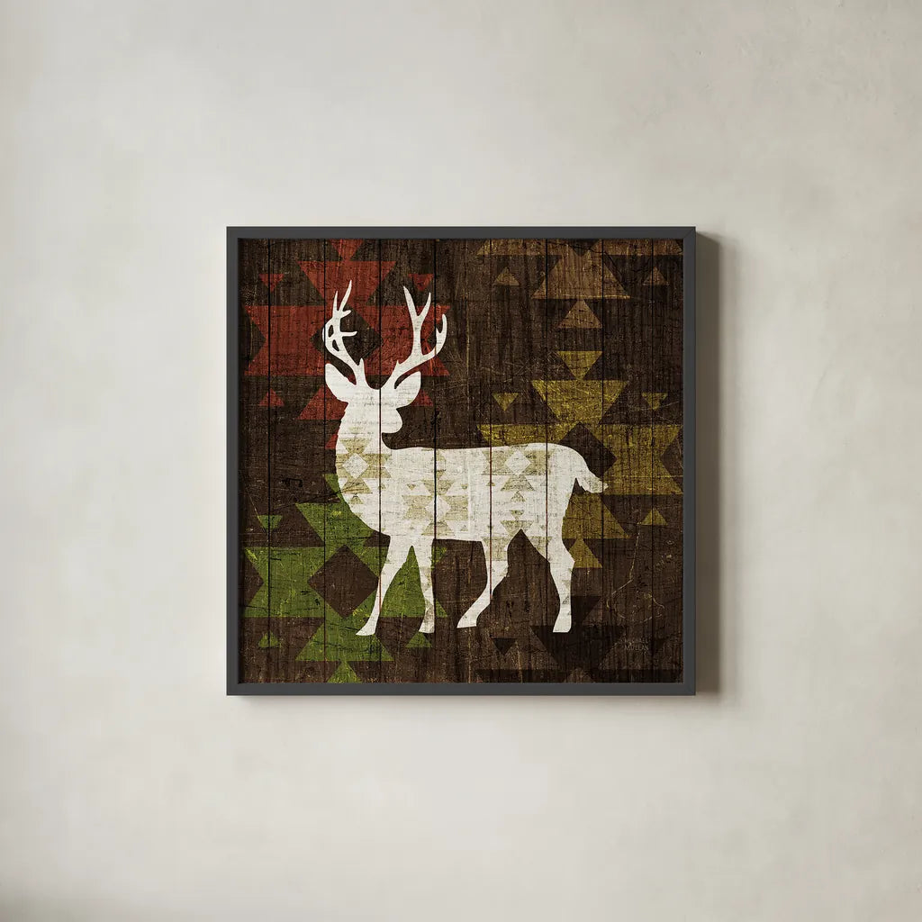 Southwest Lodge Deer I by Michael Mullan. Shown in a sleek black glass frame for a contemporary gallery look. Available as an archival giclee rolled canvas, fine art paper, or poster print. SKU 17019a.