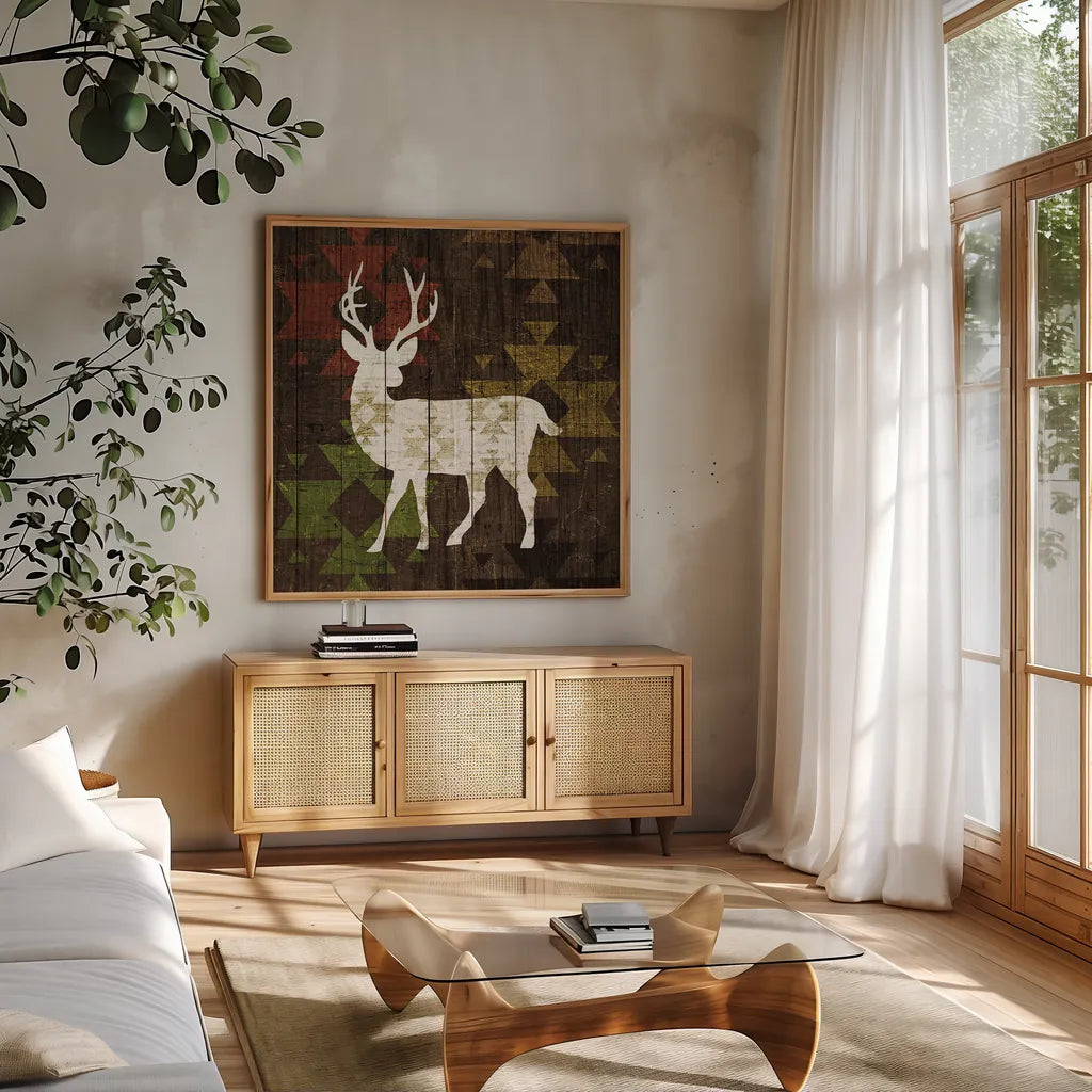 Southwest Lodge Deer I by Michael Mullan. Shown in a natural wood frame in a cozy modern living room. Available as an archival giclee rolled canvas, fine art paper, or poster print. SKU 17019a.