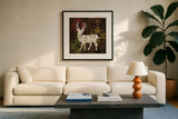 Southwest Lodge Deer I by Michael Mullan. Displayed in a glass frame with matte in a clean modern living room. Available as an archival giclee rolled canvas, fine art paper, or poster print. SKU 17019a.