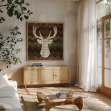 Southwest Lodge Deer II by Michael Mullan. Shown in a natural wood frame in a cozy modern living room. Available as an archival giclee rolled canvas, fine art paper, or poster print. SKU 17020a.