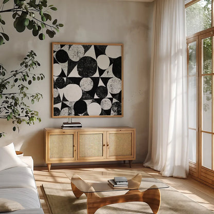 Spotty II by Michael Mullan. Shown in a natural wood frame in a cozy modern living room. Available as an archival giclee rolled canvas, fine art paper, or poster print. SKU 16740a.