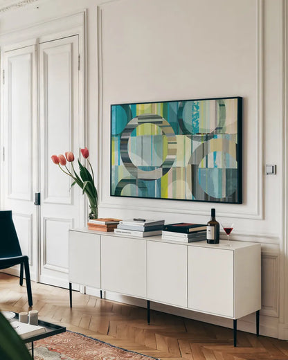 Spring Circles by Michael Mullan. shown as a framed stretched canvas in a living room above a console. Available as a archival giclee rolled canvas, fine art paper, or poster print. SKU 50474i.