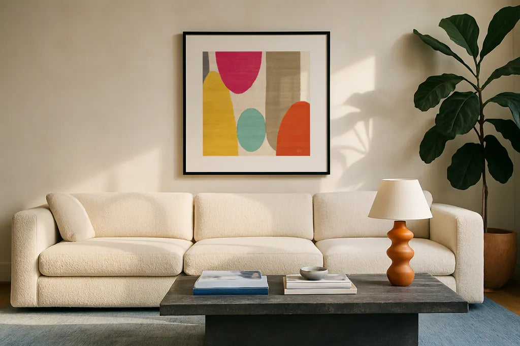 Spring Costa Del Sol I by Michael Mullan. Displayed in a glass frame with matte in a clean modern living room. Available as an archival giclee rolled canvas, fine art paper, or poster print. SKU 11157a.