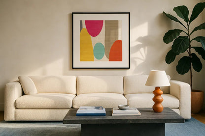 Spring Costa Del Sol I by Michael Mullan. Displayed in a glass frame with matte in a clean modern living room. Available as an archival giclee rolled canvas, fine art paper, or poster print. SKU 11157a.