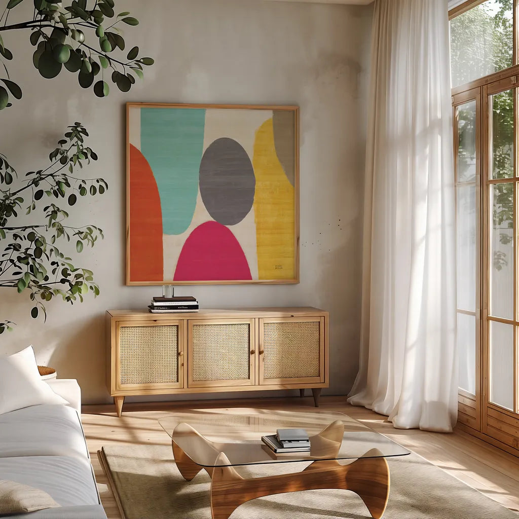 Spring Costa Del Sol II by Michael Mullan. Shown in a natural wood frame in a cozy modern living room. Available as an archival giclee rolled canvas, fine art paper, or poster print. SKU 11158a.