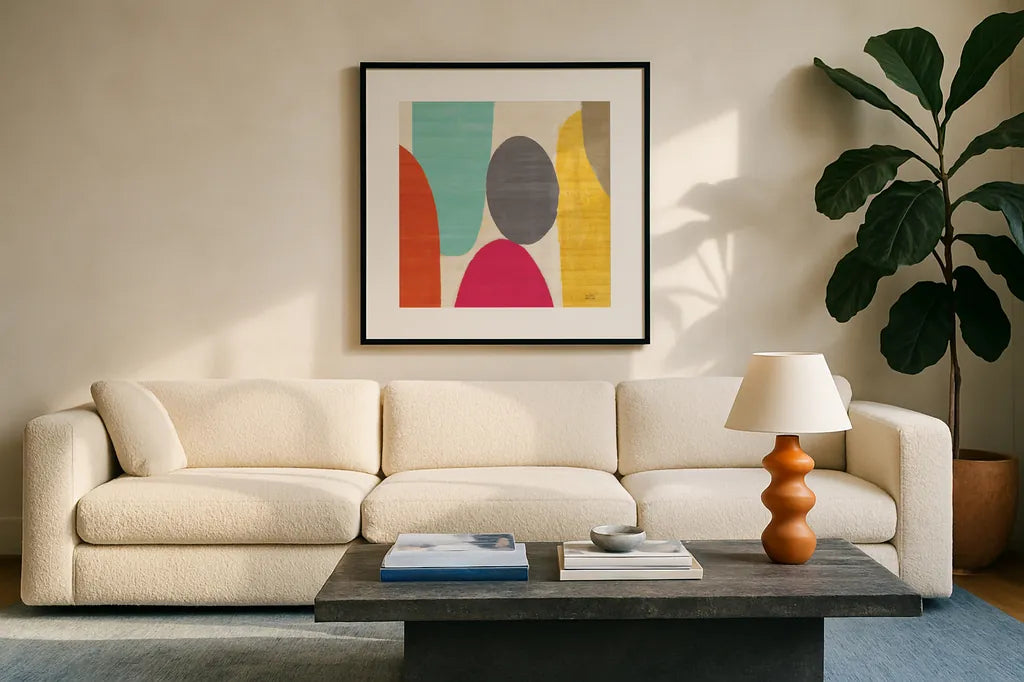 Spring Costa Del Sol II by Michael Mullan. Displayed in a glass frame with matte in a clean modern living room. Available as an archival giclee rolled canvas, fine art paper, or poster print. SKU 11158a.