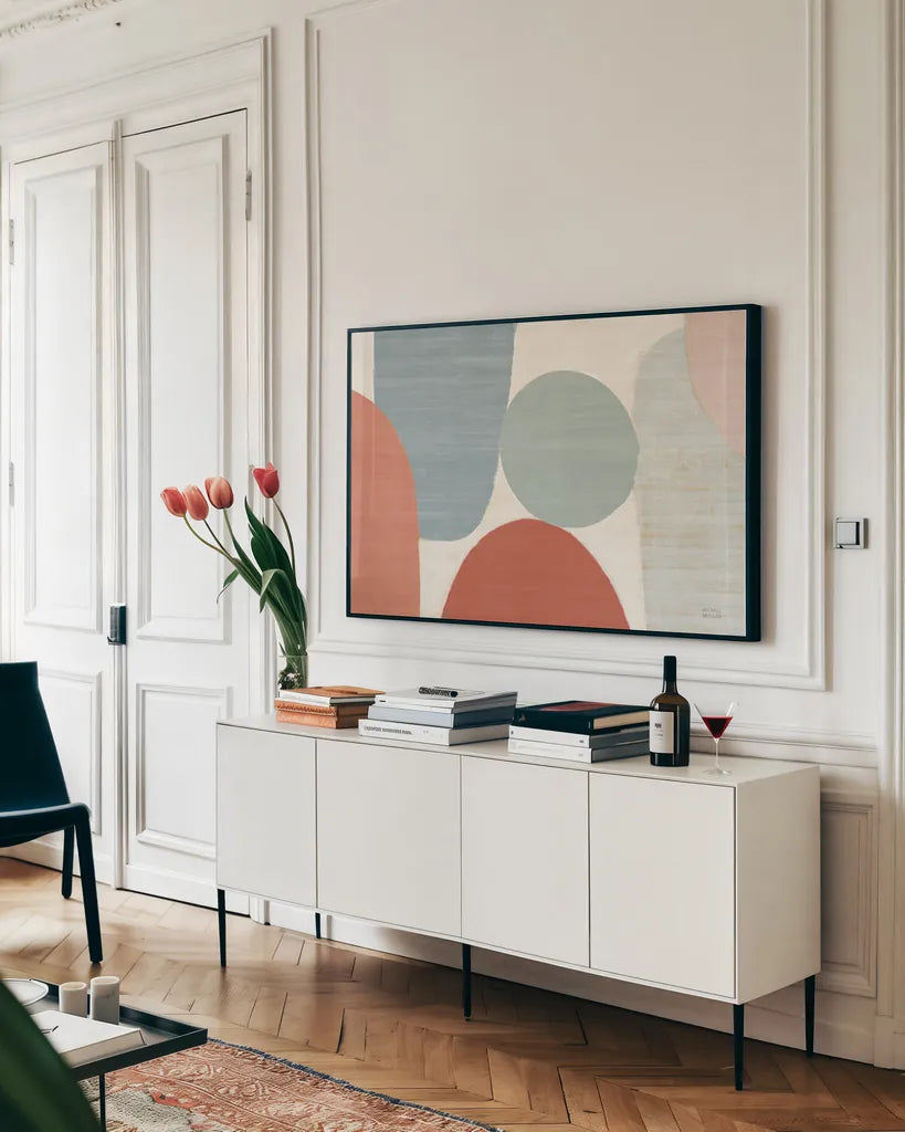 Spring Costa Del Sol II Muted Crop by Michael Mullan. shown as a framed stretched canvas in a living room above a console. Available as a archival giclee rolled canvas, fine art paper, or poster print. SKU 53720i.