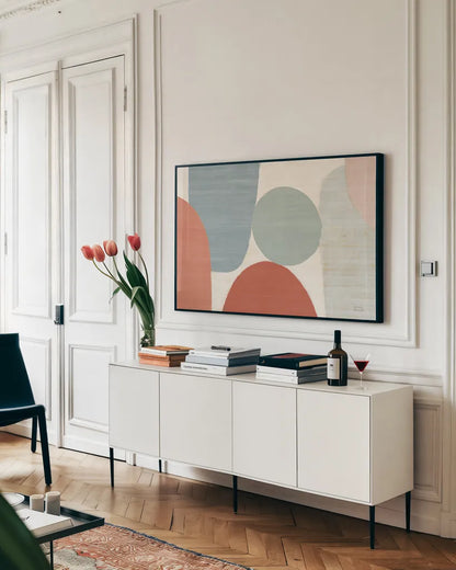 Spring Costa Del Sol II Muted Crop by Michael Mullan. shown as a framed stretched canvas in a living room above a console. Available as a archival giclee rolled canvas, fine art paper, or poster print. SKU 53720i.
