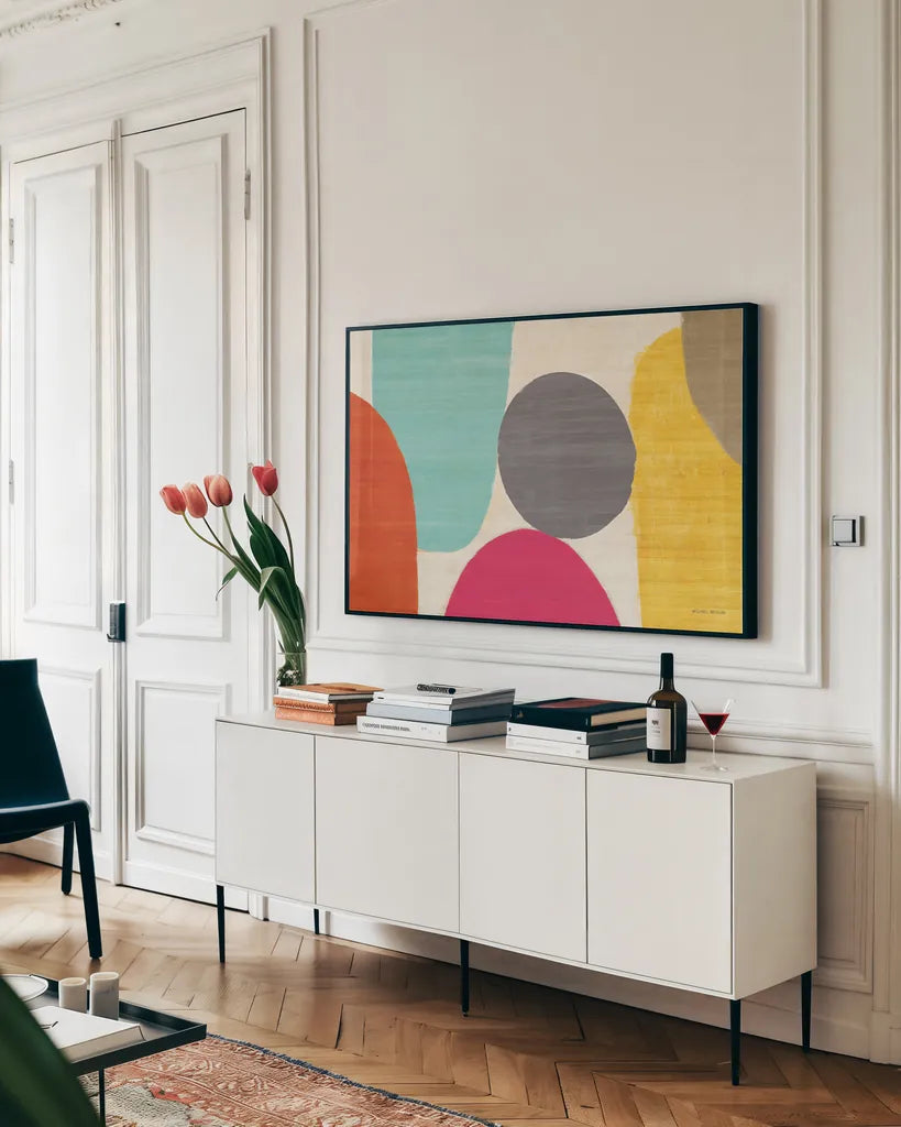 Spring Costa Del Sol II Square by Michael Mullan. shown as a framed stretched canvas in a living room above a console. Available as a archival giclee rolled canvas, fine art paper, or poster print. SKU 11158i.