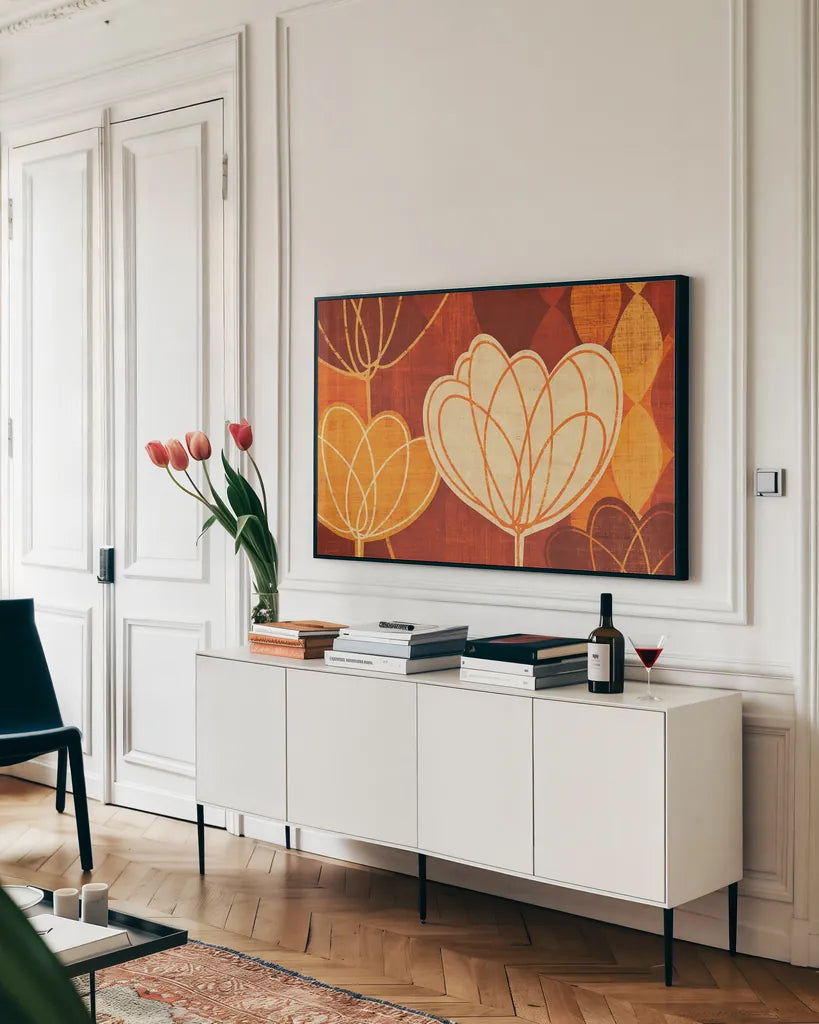 Spring Tulips Warm by Michael Mullan. shown as a framed stretched canvas in a living room above a console. Available as a archival giclee rolled canvas, fine art paper, or poster print. SKU 61996i.