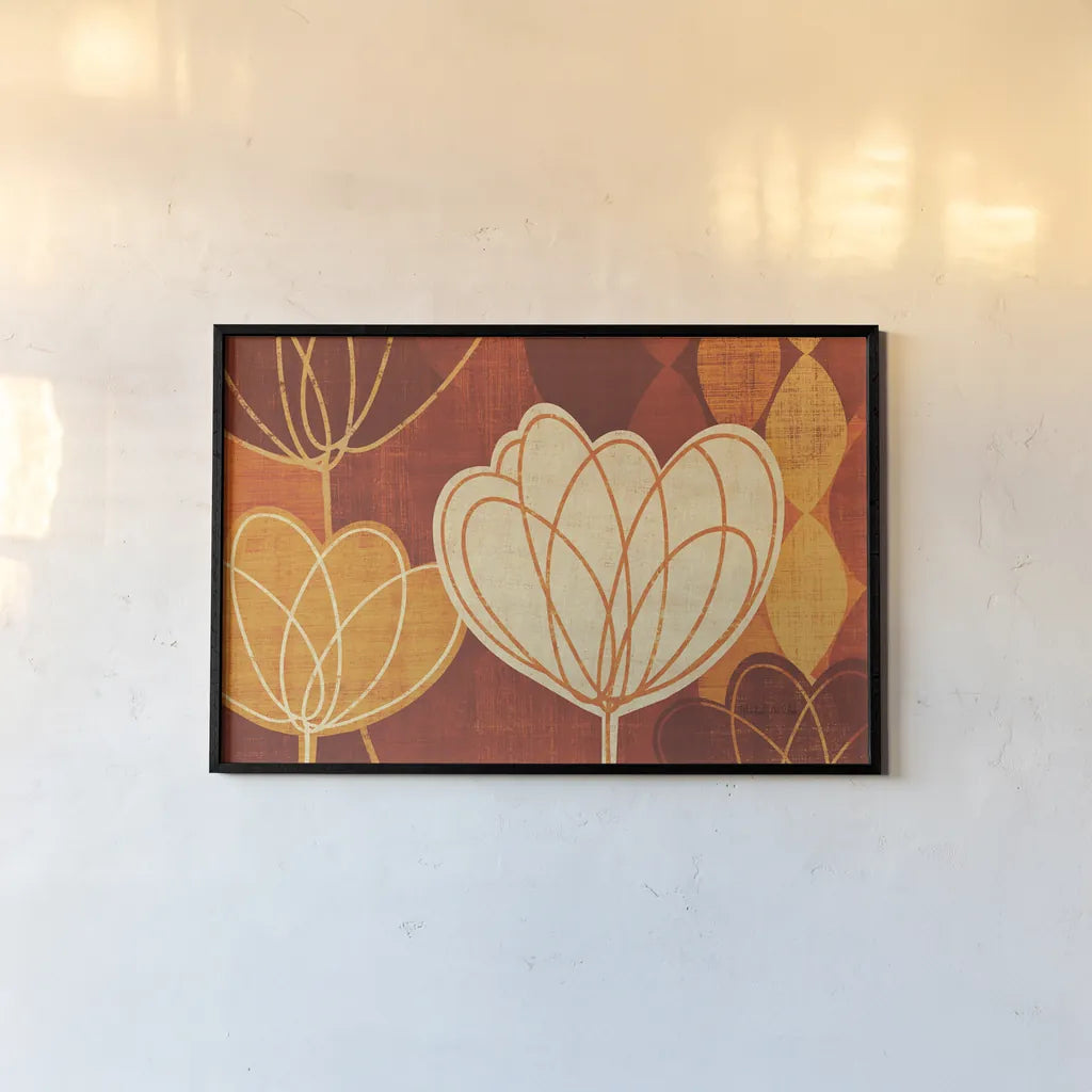 Spring Tulips Warm by Michael Mullan. shown as a paper print in a black flame. Available as a archival giclee rolled canvas, fine art paper, or poster print. SKU 61996i.