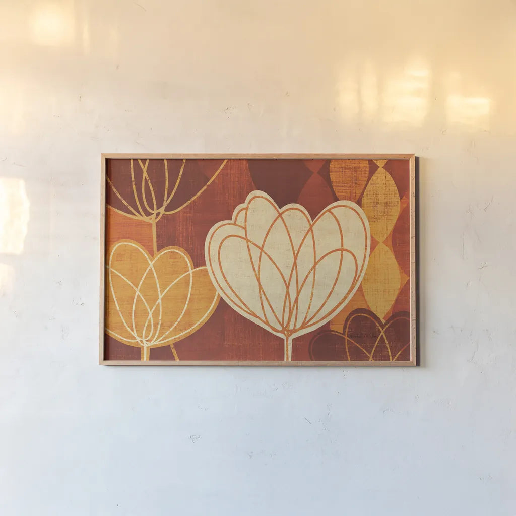 Spring Tulips Warm by Michael Mullan. shown as a paper print in a natural frame. Available as a archival giclee rolled canvas, fine art paper, or poster print. SKU 61996i.