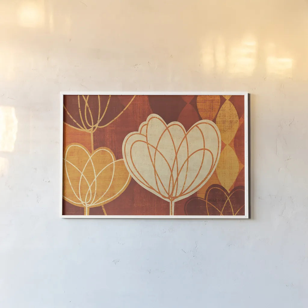 Spring Tulips Warm by Michael Mullan. shown as a paper print in a white frame. Available as a archival giclee rolled canvas, fine art paper, or poster print. SKU 61996i.