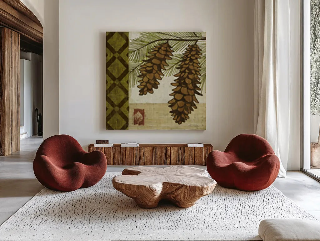 Summer Pine I by Michael Mullan. Shown as extra-large giant wall art in a modern living room. Available as an archival giclee rolled canvas, fine art paper, or poster print. SKU 5525a.