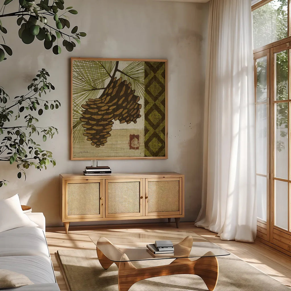 Summer Pine II by Michael Mullan. Shown in a natural wood frame in a cozy modern living room. Available as an archival giclee rolled canvas, fine art paper, or poster print. SKU 5526a.