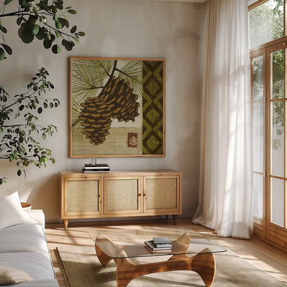 Summer Pine II by Michael Mullan. Shown in a natural wood frame in a cozy modern living room. Available as an archival giclee rolled canvas, fine art paper, or poster print. SKU 5526a.