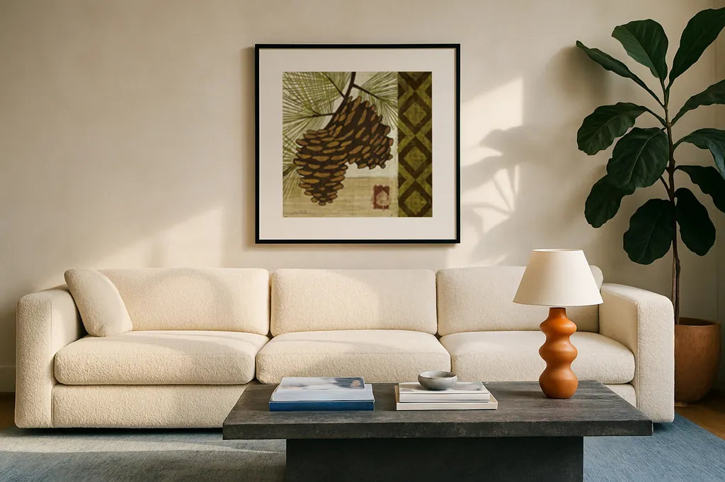 Summer Pine II by Michael Mullan. Displayed in a glass frame with matte in a clean modern living room. Available as an archival giclee rolled canvas, fine art paper, or poster print. SKU 5526a.