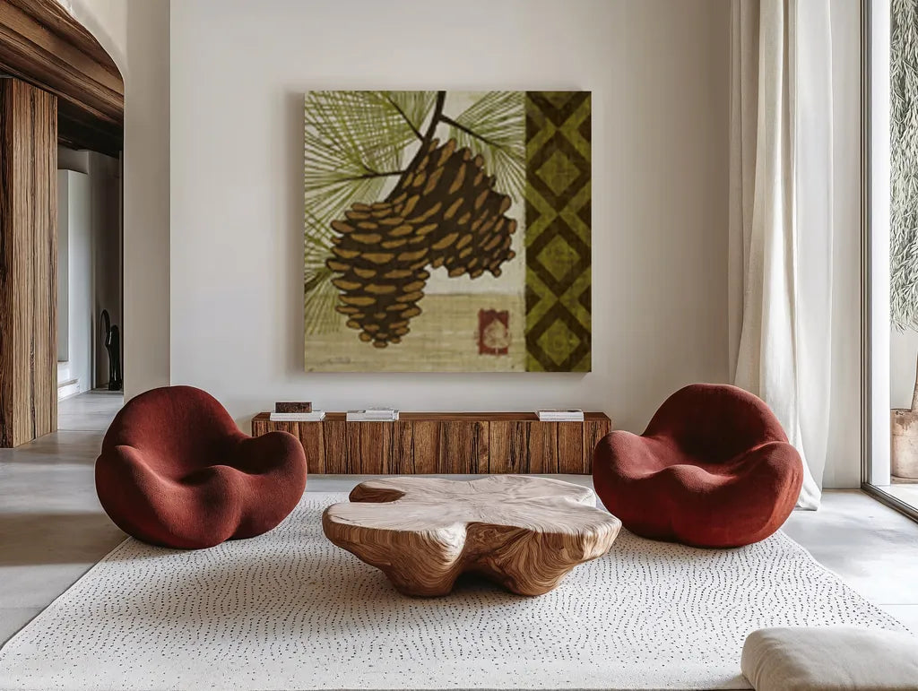 Summer Pine II by Michael Mullan. Shown as extra-large giant wall art in a modern living room. Available as an archival giclee rolled canvas, fine art paper, or poster print. SKU 5526a.