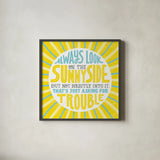 Sunny Side by Michael Mullan. Shown in a sleek black glass frame for a contemporary gallery look. Available as an archival giclee rolled canvas, fine art paper, or poster print. SKU 28360a.