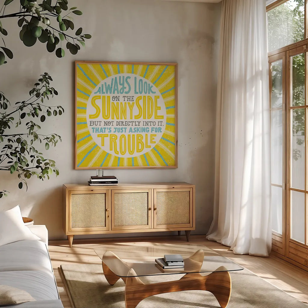 Sunny Side by Michael Mullan. Shown in a natural wood frame in a cozy modern living room. Available as an archival giclee rolled canvas, fine art paper, or poster print. SKU 28360a.