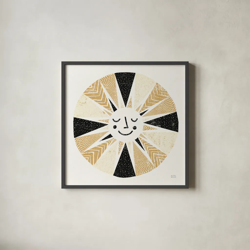 Sunshine Black Gold Sq by Michael Mullan. Shown in a sleek black glass frame for a contemporary gallery look. Available as an archival giclee rolled canvas, fine art paper, or poster print. SKU 53756a.