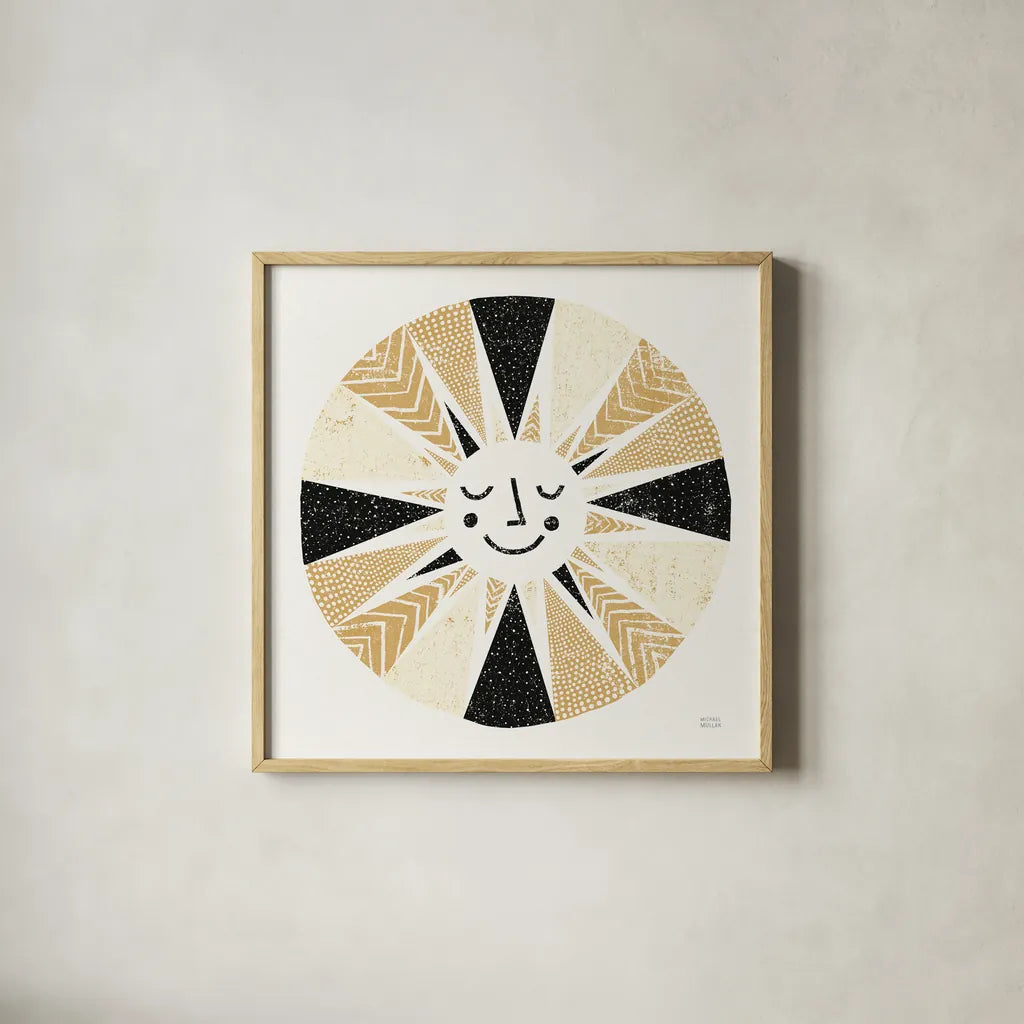 Sunshine Black Gold Sq by Michael Mullan. Shown in a natural wood glass frame for a timeless modern aesthetic. Available as an archival giclee rolled canvas, fine art paper, or poster print. SKU 53756a.