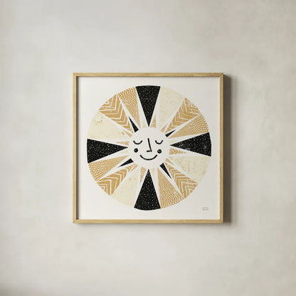 Sunshine Black Gold Sq by Michael Mullan. Shown in a natural wood glass frame for a timeless modern aesthetic. Available as an archival giclee rolled canvas, fine art paper, or poster print. SKU 53756a.