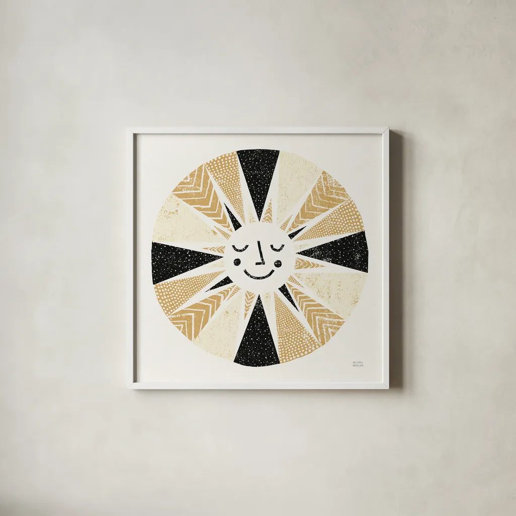 Sunshine Black Gold Sq by Michael Mullan. Shown in a crisp white glass frame for a clean and minimalist style. Available as an archival giclee rolled canvas, fine art paper, or poster print. SKU 53756a.