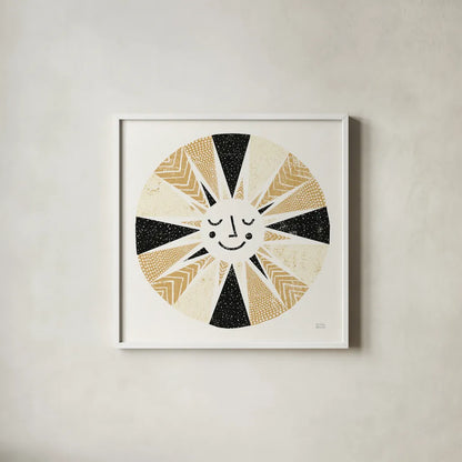 Sunshine Black Gold Sq by Michael Mullan. Shown in a crisp white glass frame for a clean and minimalist style. Available as an archival giclee rolled canvas, fine art paper, or poster print. SKU 53756a.