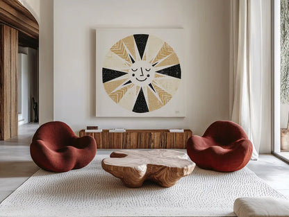 Sunshine Black Gold Sq by Michael Mullan. Shown as extra-large giant wall art in a modern living room. Available as an archival giclee rolled canvas, fine art paper, or poster print. SKU 53756a.