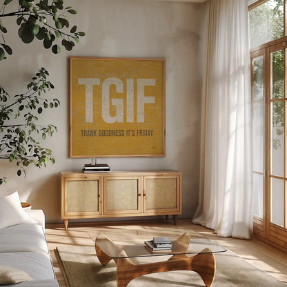 TGIF Square by Michael Mullan. Shown in a natural wood frame in a cozy modern living room. Available as an archival giclee rolled canvas, fine art paper, or poster print. SKU 50840a.