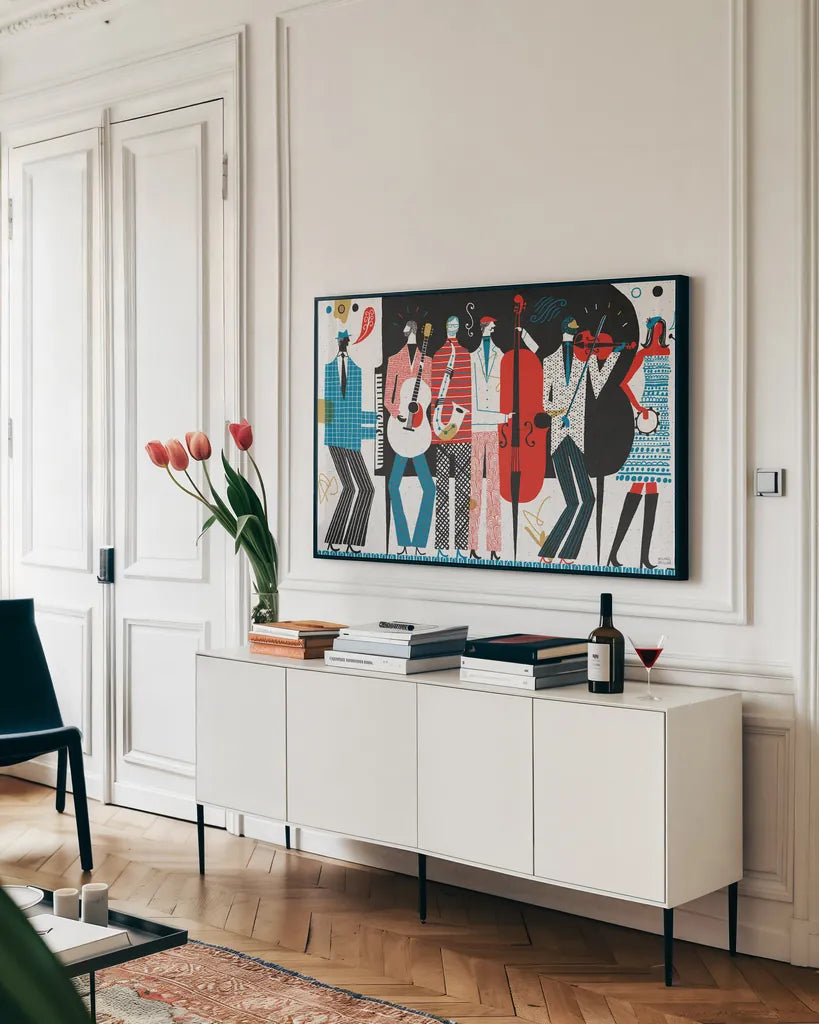 The Band by Michael Mullan. shown as a framed stretched canvas in a living room above a console. Available as a archival giclee rolled canvas, fine art paper, or poster print. SKU 14581i.